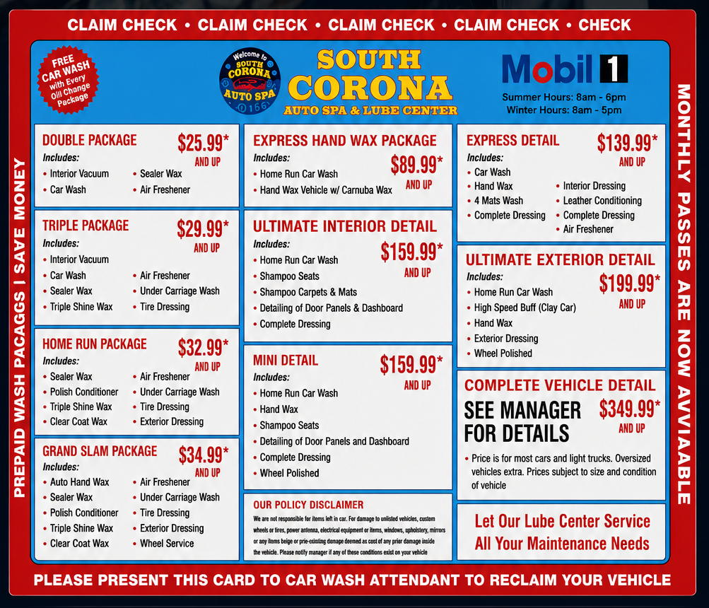 South Corona Auto Spa pricing and packages